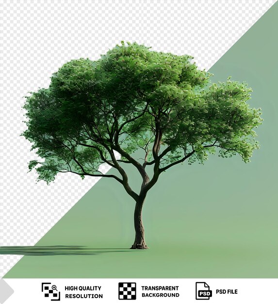 Fondo transparente con árbol aislado aislado y tronco marrón contra el cielo azul proyectando una sombra oscura png