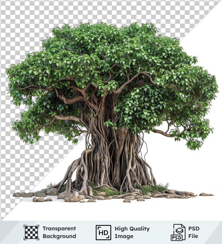 PSD fondo transparente con árboles de banyan exuberantes aislados y un solo árbol con una hoja verde en
