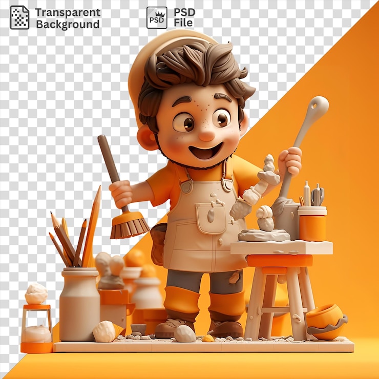 PSD fondo transparente artista de dibujos animados en 3d esculpiendo una obra maestra con un juguete de cuchara de madera y un telón de fondo de pared naranja mientras juega con el cabello marrón y un ojo