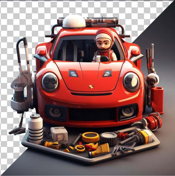 PSD fondo transparente con automóvil de carreras 3d aislado mecánico de dibujos animados ajustando un automóvil de alto rendimiento