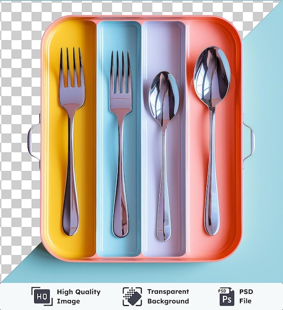 PSD fondo transparente bandeja de cubiertos psd una colección de utensilios de plata y metal, incluidos tenedores y cucharas dispuestos en una fila de izquierda a derecha