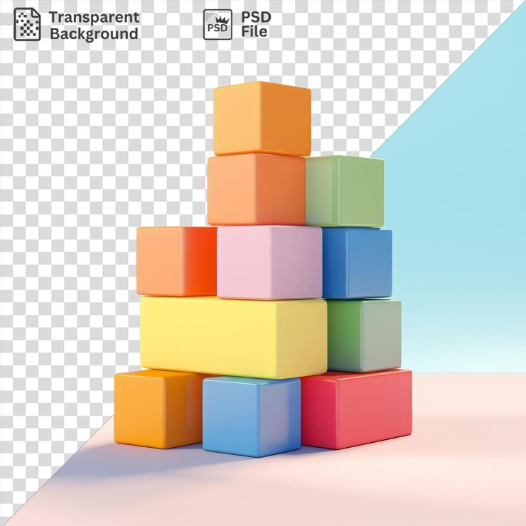 PSD fondo transparente con bloques multicolores aislados en una mesa rosa contra un cielo azul aislado