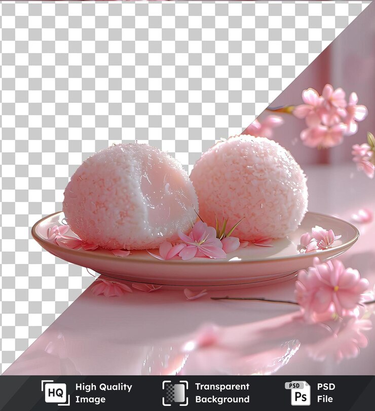 PSD fondo transparente con bolas de daifuku aisladas y flores rosas en una placa blanca