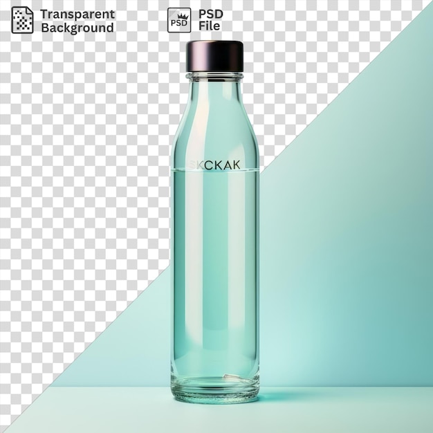fondo transparente con una botella de agua aislada en una mesa blanca contra un azul claro y trans