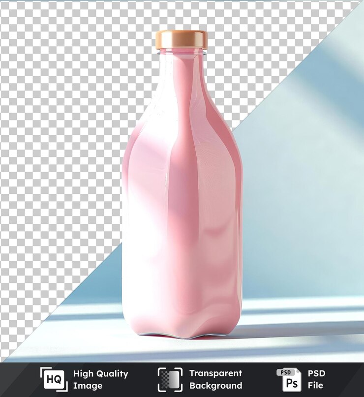 PSD fondo transparente botella de leche psd y jarrón rosado en fondo transparente contra pared azul