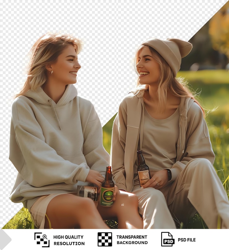 PSD fondo transparente con buenos momentos aislados de dos mujeres sentadas en la hierba png