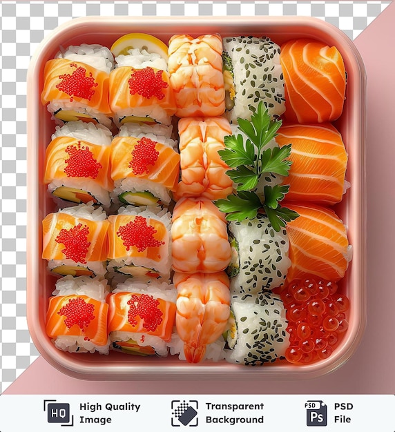 Fondo transparente con una caja de bento aislada llena de sushi en un fondo rosa