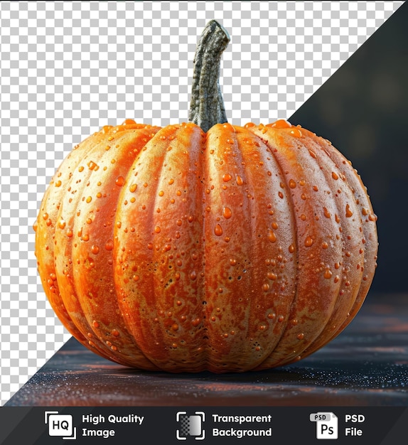 fondo transparente con calabaza aislada y gotas de agua en la mesa de madera