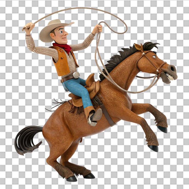 PSD fondo transparente con una caricatura de vaquero 3d aislada montando un bronco salvaje