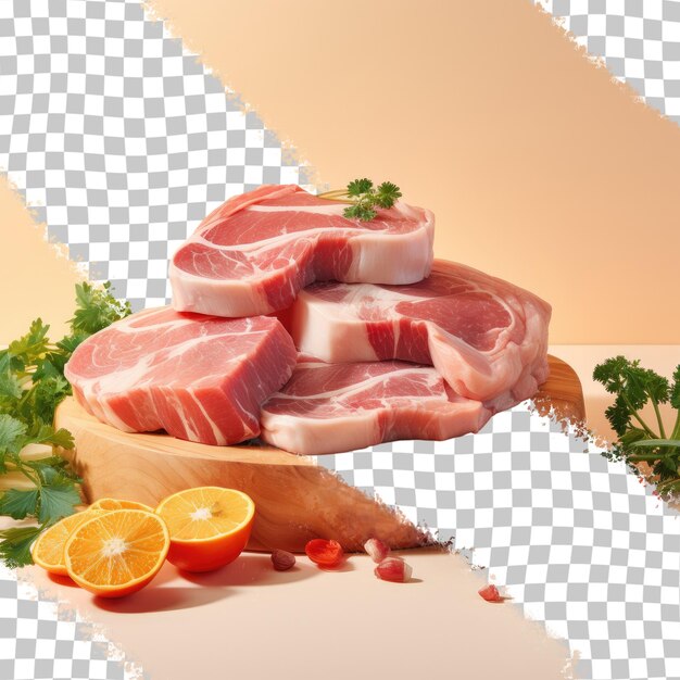 PSD fondo transparente con carne de cerdo cruda y verduras en el bloque de corte