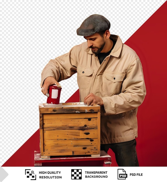 fondo transparente con carpintero aislado aplicando una capa de pintura a la caja de madera png psd