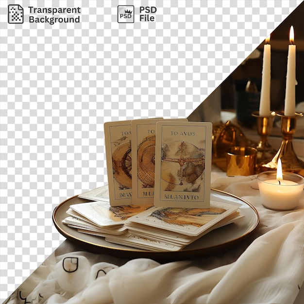 PSD fondo transparente con cartas de tarot aisladas y lectura en una mesa de madera adornada con velas encendidas un libro y una rosa rosa