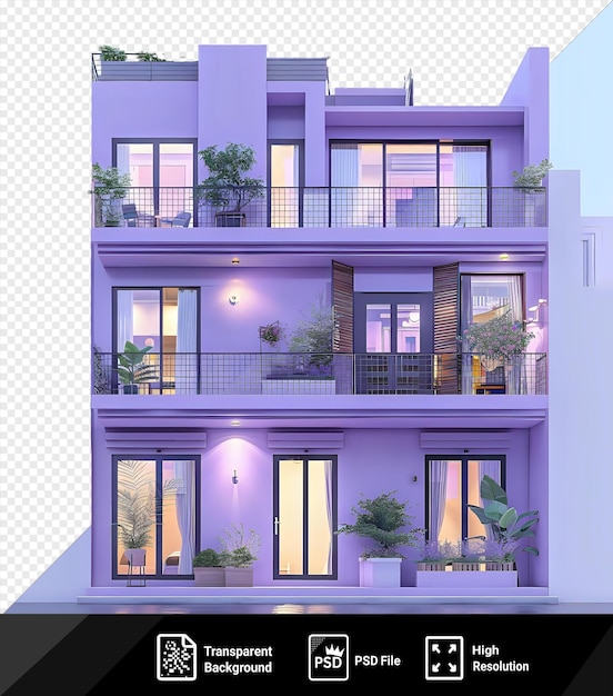 PSD fondo transparente con casa triplex aislada rodeada de exuberante vegetación y cielo azul con ventanas y puertas de vidrio y un pequeño árbol en primer plano png psd