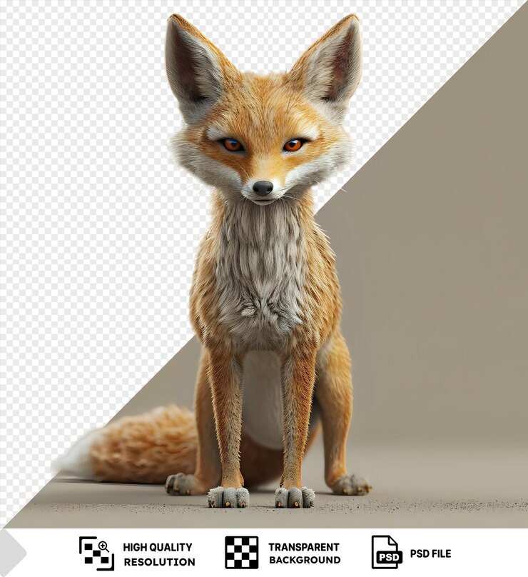 PSD fondo transparente chacal de dibujos animados 3d merodeando en la naturaleza con orejas puntiagudas ojos marrones y una nariz negra mientras un pequeño perro mira