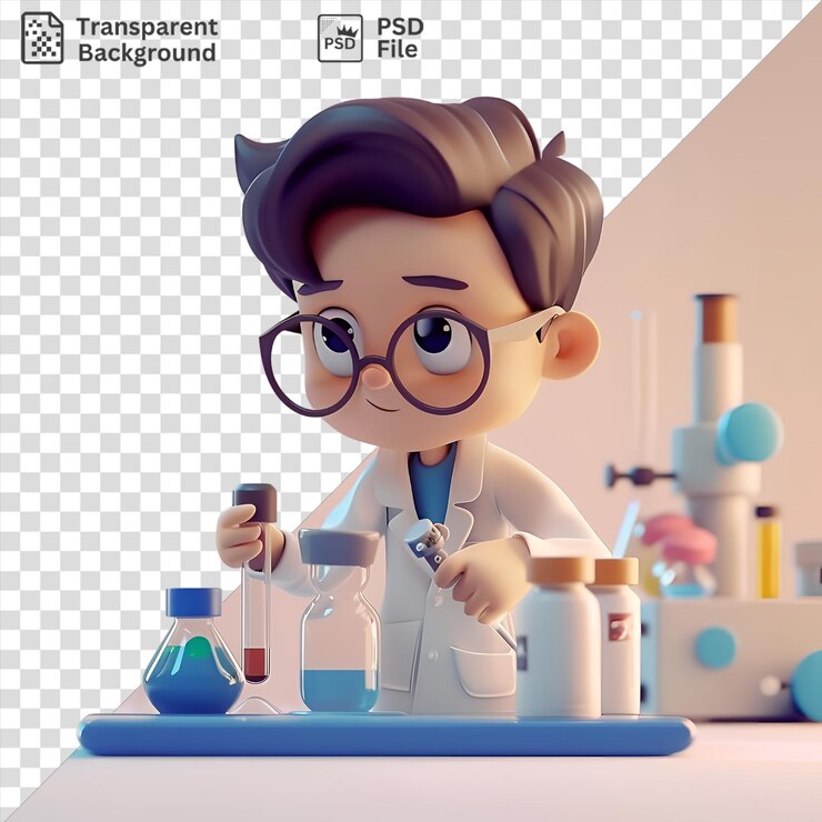 PSD fondo transparente con científico 3d aislado realizando un experimento
