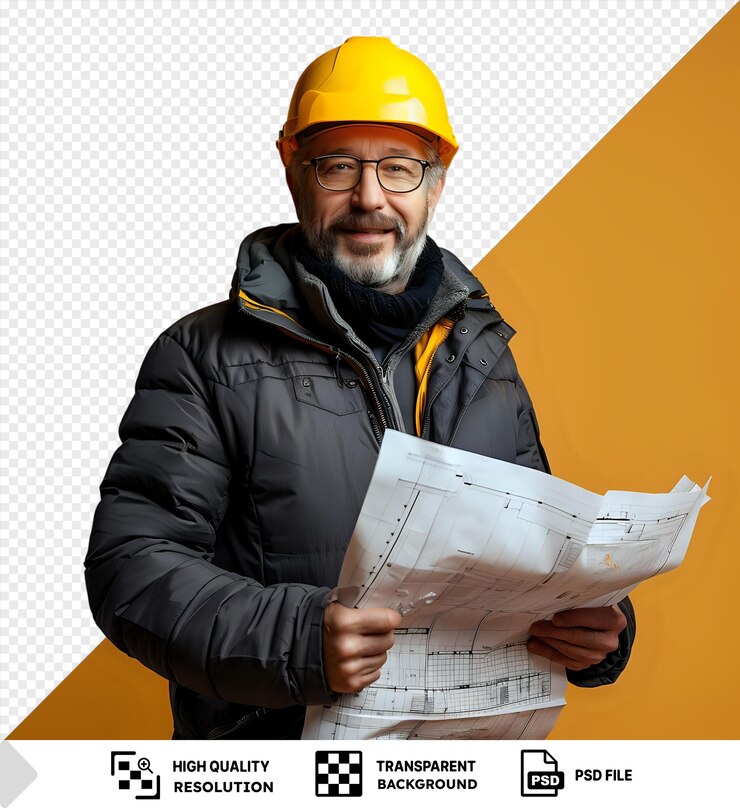 PSD fondo transparente confianza un hombre con barba gris y gafas negras se encuentra frente a una pared naranja y amarilla con una chaqueta negra y sosteniendo un papel blanco en la mano png psd