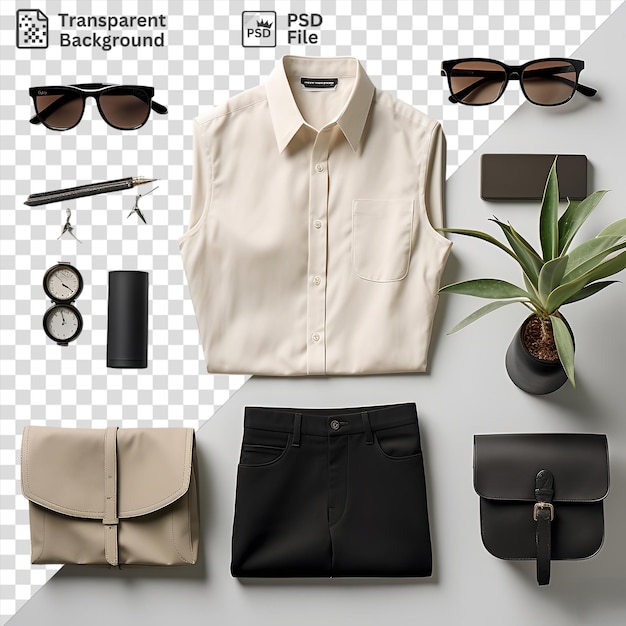 PSD fondo transparente conjunto de artículos esenciales de vestuario minimalista con una camisa blanca gafas negras y una planta verde en un fondo transparente