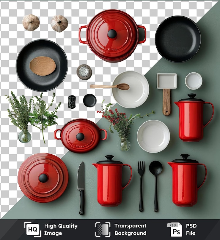 PSD fondo transparente con conjunto de cocina argentino gourmet aislado con una cuchara de madera de olla roja plato blanco y flor roja en un fondo transparente