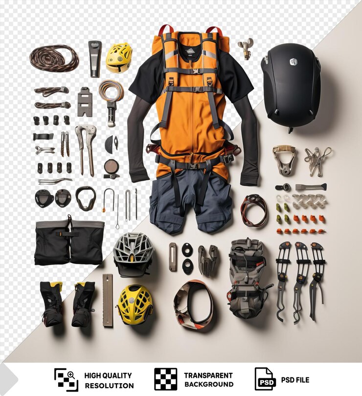 PSD fondo transparente conjunto de equipo de escalada en roca de alto rendimiento exhibido en una pared blanca con un casco negro y amarillo pantalones negros y grises y una llave plateada