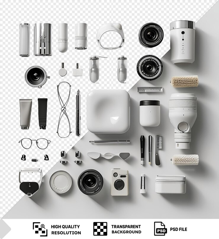 PSD fondo transparente conjunto de equipo de fotografía de alta moda mostrado en un fondo transparente con una cámara plateada gafas negras y una botella blanca