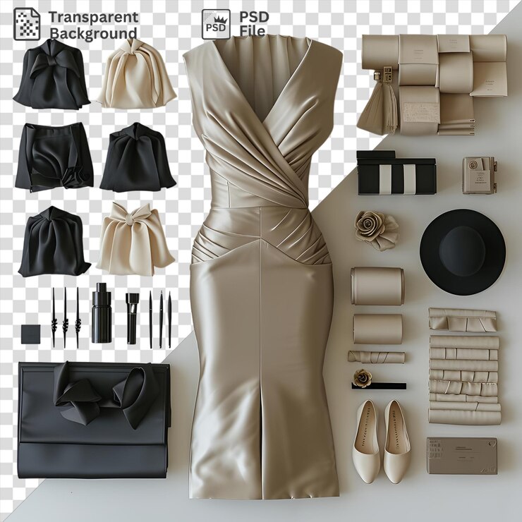 PSD fondo transparente conjunto de ropa de noche de diseñador con un vestido blanco sombrero negro y pendientes de plata y blanco mostrados en un fondo transparente con una pared negra y blanca en el fondo