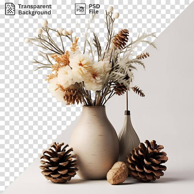 fondo transparente con conos de pino y flores blancas en un jarrón