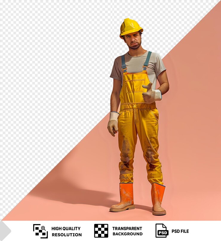 PSD fondo transparente constructor joven constructiuniforme y casco de seguridad con guantes de goma mirando insatisfecho mostrando el pulgar hacia abajo de pie frente a la pared rosa png