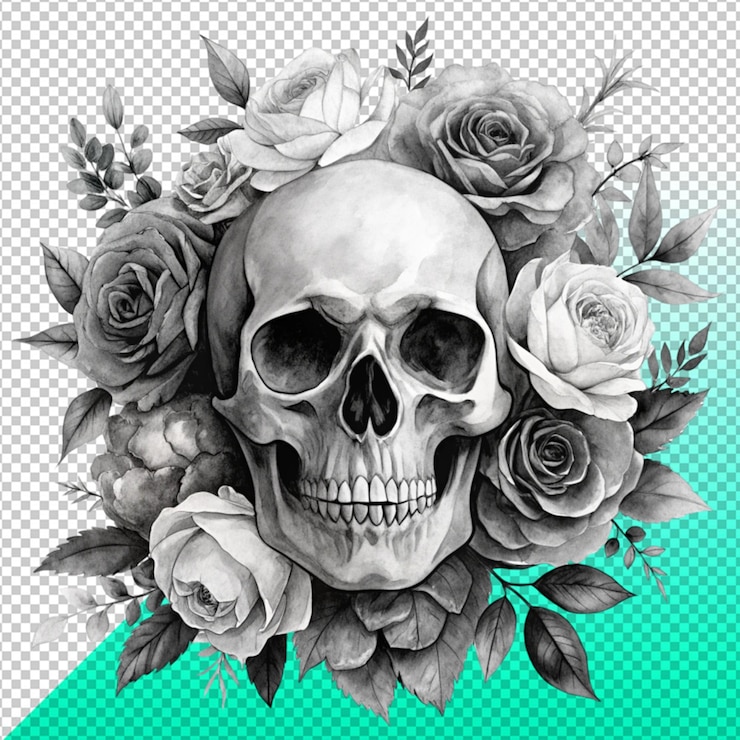 PSD fondo transparente cráneo de psd con corona floral en ilustración de acuarela de fondo aislado