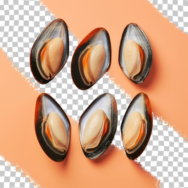 Fondo transparente con cuatro mejillones sin concha