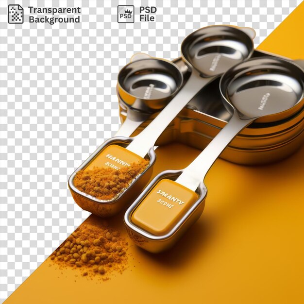 fondo transparente con cucharas aisladas y especias en una mesa amarilla