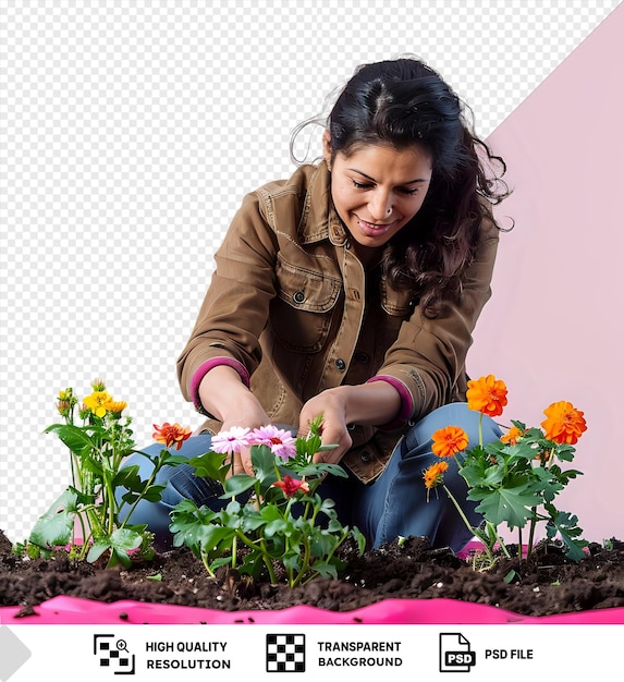 PSD fondo transparente delicioso jardinero que planta flores en una cama de jardín png