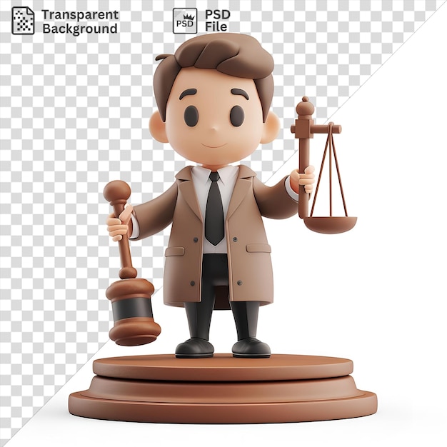 Fondo transparente dibujos animados de abogados en 3d defendiendo un caso con una estatuilla de juez con corbata negra y sosteniendo un juguete marrón mientras que una mano y un ojo negro son visibles en primer plano