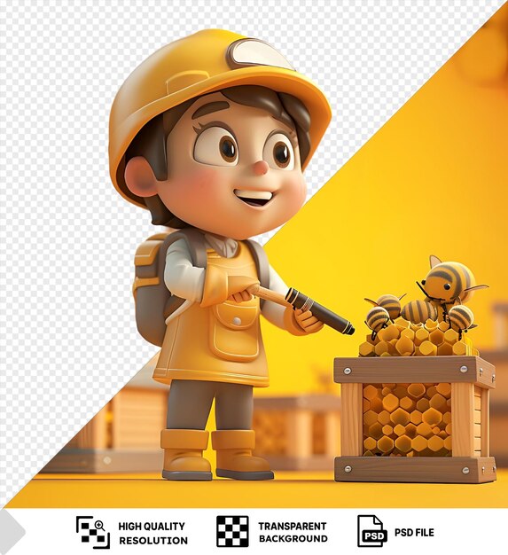 fondo transparente dibujos animados de apicultor 3D inspeccionando colmenas frente a una pared amarilla con un sombrero amarillo y sosteniendo un juguete con una mano negra visible en primer plano