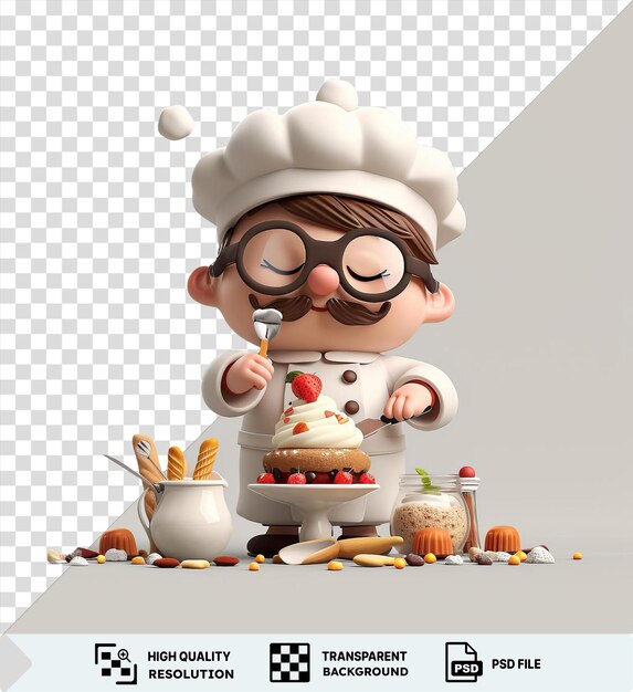 PSD fondo transparente dibujos animados de chef 3d preparando un postre gourmet frente a una pared blanca rodeada de calabazas naranjas y un jarrón blanco con una cara marrón y un ojo negro en el frente