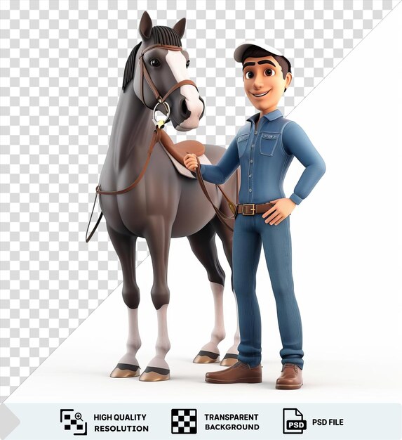 PSD fondo transparente dibujos animados de entrenador de caballos de carreras 3d preparando un semental campeón con un caballo marrón y blanco usando un sombrero blanco cinturón marrón y hebilla negra y marrón mientras sostiene un juguete