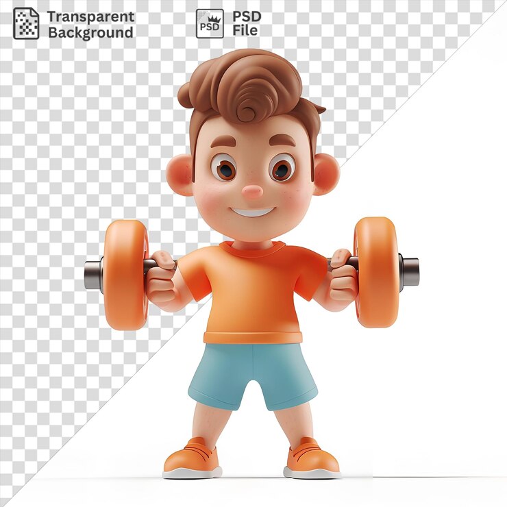 PSD fondo transparente dibujos animados de entrenadores de fitness 3d que demuestran un ejercicio con un juguete con pantalones cortos azules y zapatos naranjas mientras muestran sus ojos azules y cabello marrón