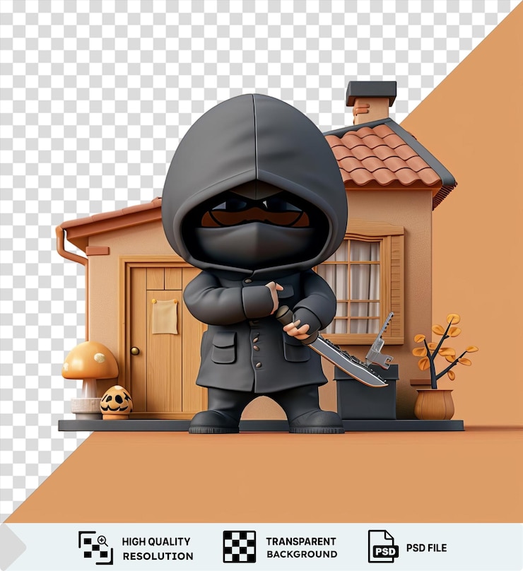 PSD fondo transparente dibujos animados de ladrón 3d entrando en una casa con una puerta de madera y una pared naranja en primer plano y una cara negra y una mano visibles en el fondo