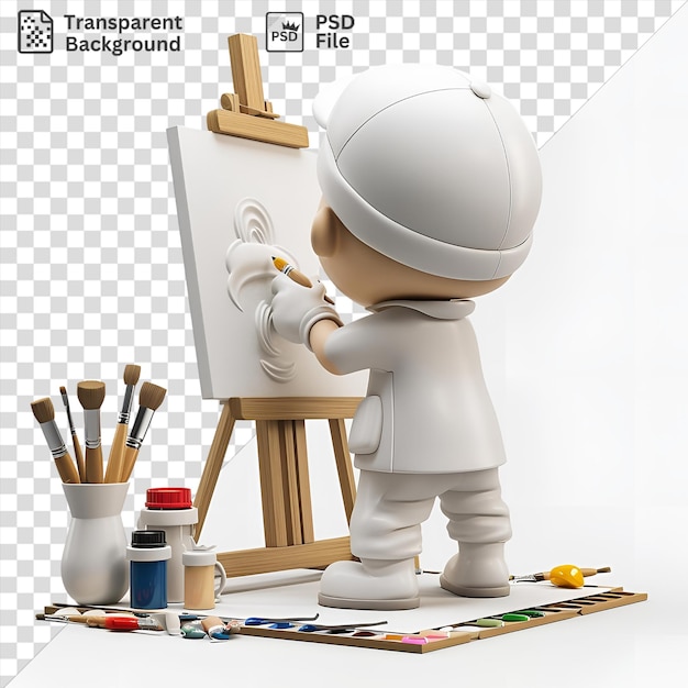 PSD fondo transparente con dibujos animados de pintor 3d aislados creando una obra maestra en un lienzo