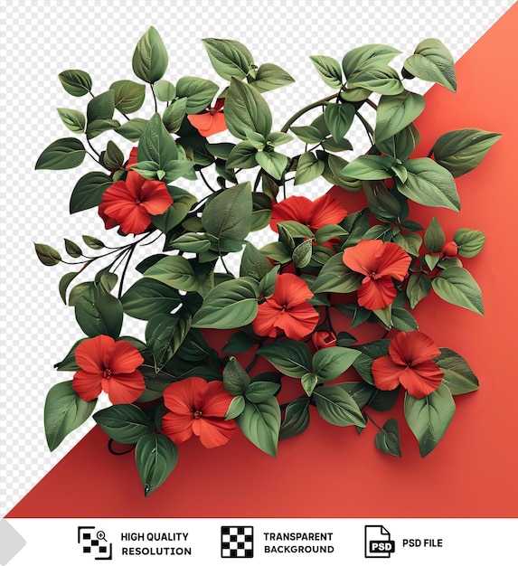 Fondo transparente con diseño creativo aislado hecho de hojas verdes y flores rojas naturaleza minimalista concepto de flor de primavera png psd