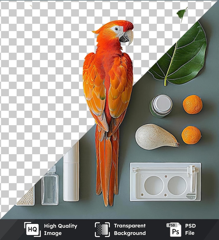 PSD fondo transparente con elementos esenciales de cuidado de aves exóticas aisladas colocados contra una pared azul con una botella blanca hoja verde cola naranja y pico blanco