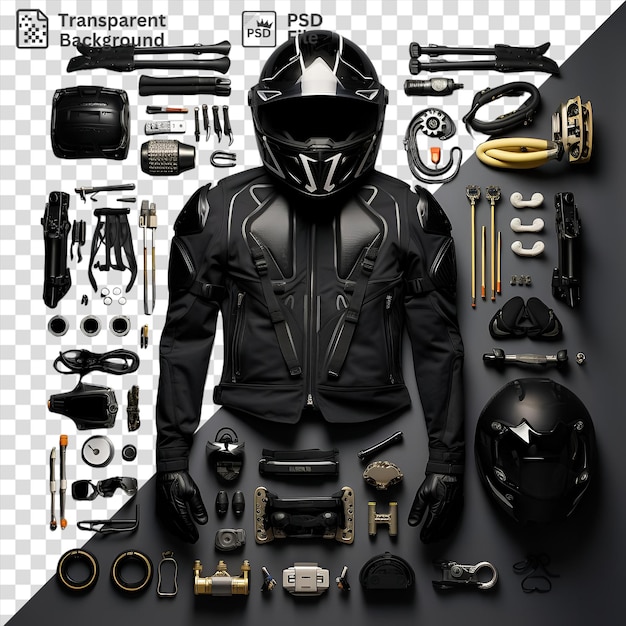 PSD fondo transparente equipo y accesorios personalizados de motocicleta mostrados en una mesa negra con una chaqueta de cuero y negra una pistola negra y una cámara negra
