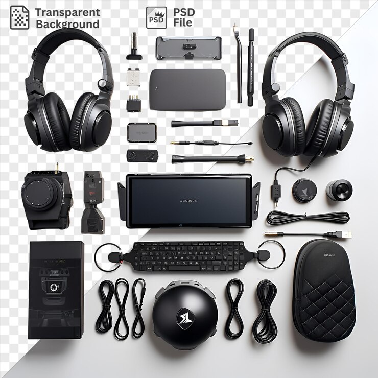 PSD fondo transparente con equipo de juego profesional aislado establecido en fondo transparente con auriculares negros un control remoto blanco y negro y una planta verde