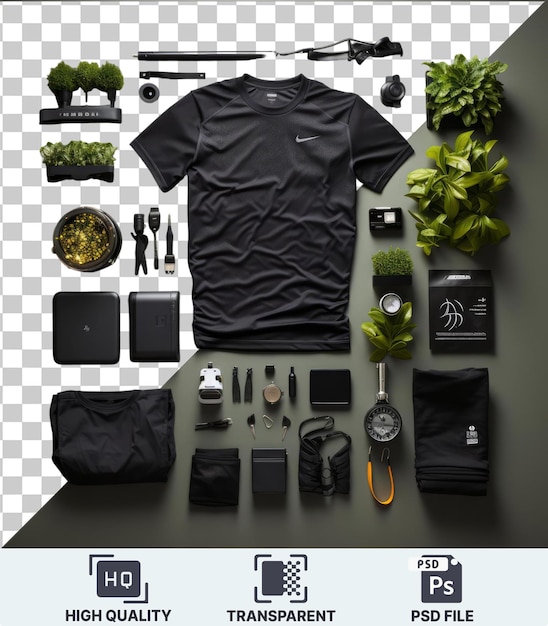 Fondo transparente con equipo de pista y campo de alto rendimiento aislado con una camisa negra plata y reloj negro planta verde pequeña y bolsa negra