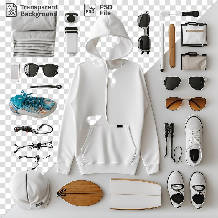 PSD fondo transparente equipo de surf y conjunto de ropa mostrado en un fondo transparente que incluye gafas de sol negras una cámara plateada una toalla plegada y un zapato blanco