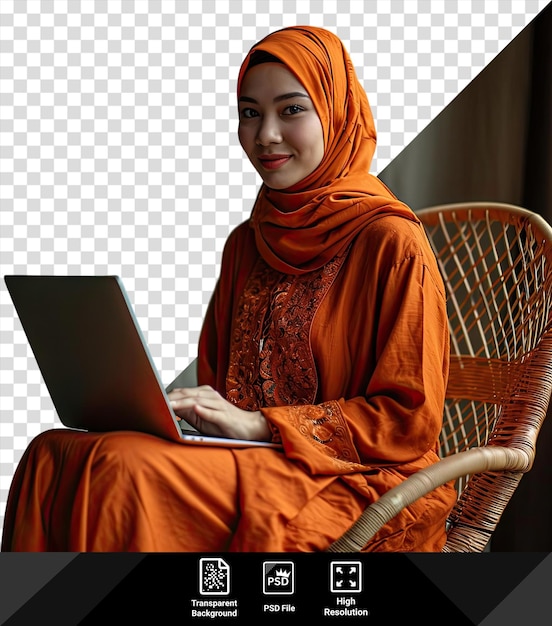 Fondo transparente feliz hijab asiático sentado en una silla con su portátil hd papel tapiz