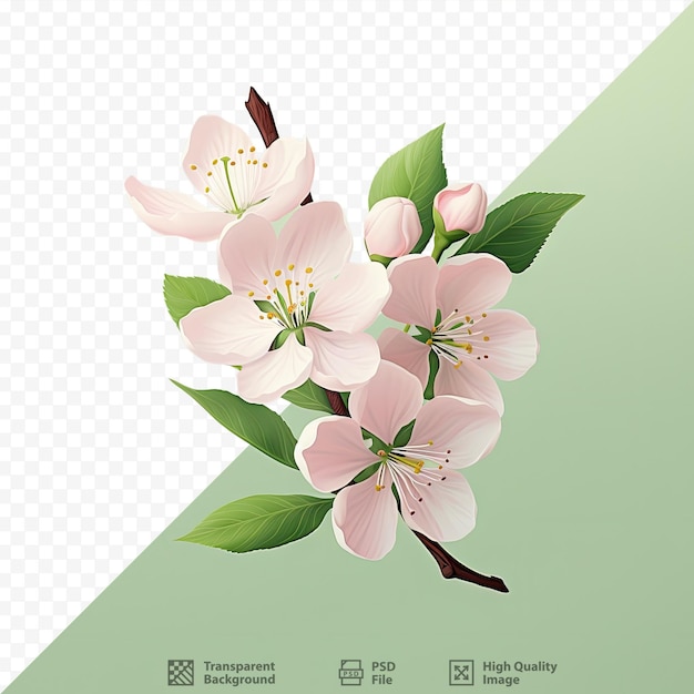 PSD fondo transparente con flor de cerezo y hojas verdes