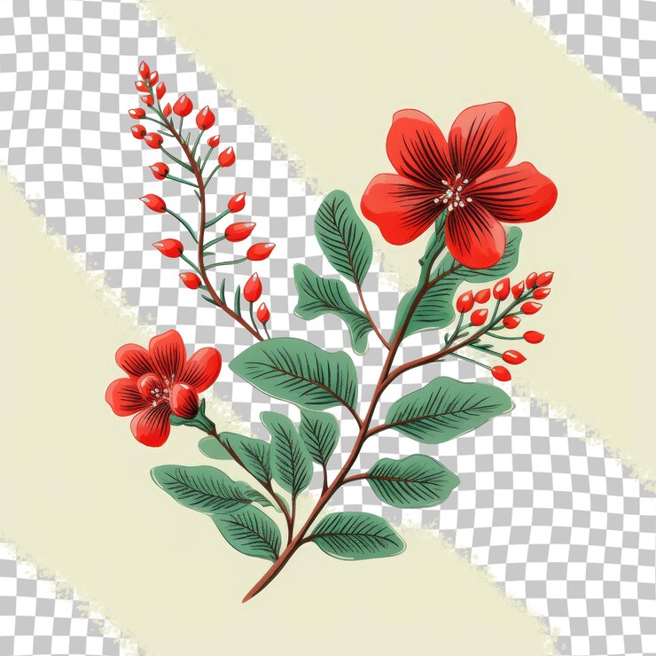 PSD fondo transparente con flores rojas y plantas verdes para diseño de tela y papel, bordado y creatividad