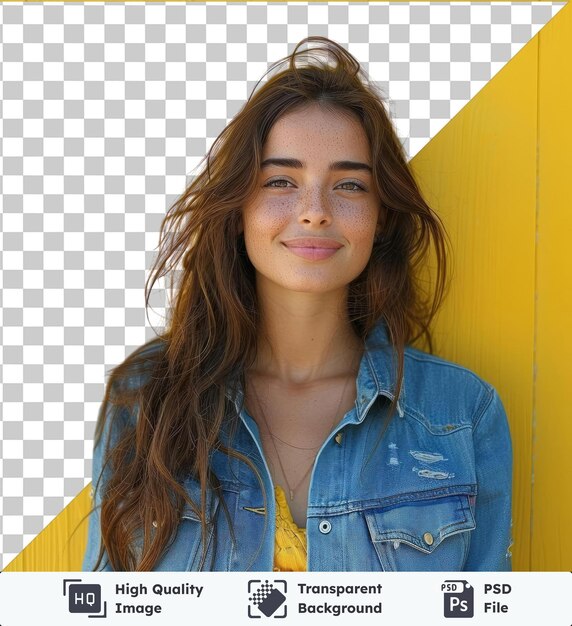 PSD fondo transparente foto psd de una estudiante hermosa de ensueño con camisa de denim brazos sonrientes mejillas buscando espacio vacío color amarillo aislado