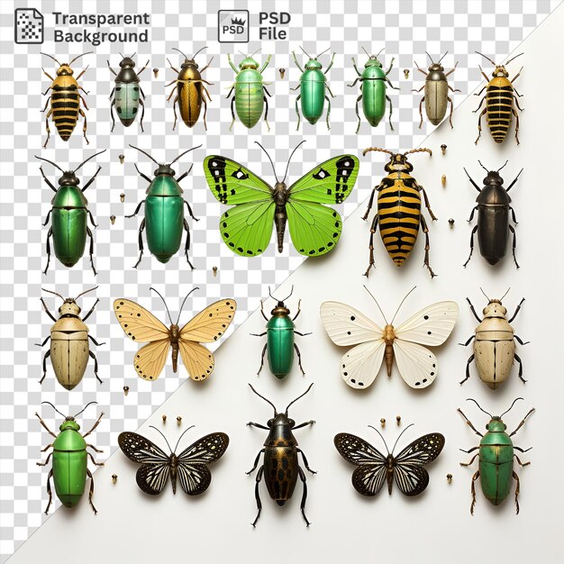 fondo transparente fotográfico realista entomólogos colección de insectos con una mariposa marrón una mariposa blanca y una mariposa amarilla