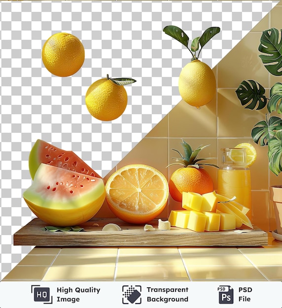 PSD fondo transparente con frutas y limones de tekkadone aislados en una pared de azulejos